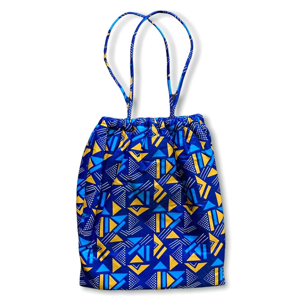 ワックスプリント巾着型バッグ - BLUE/YELLOW GEOMETRIC - Borderless Creations