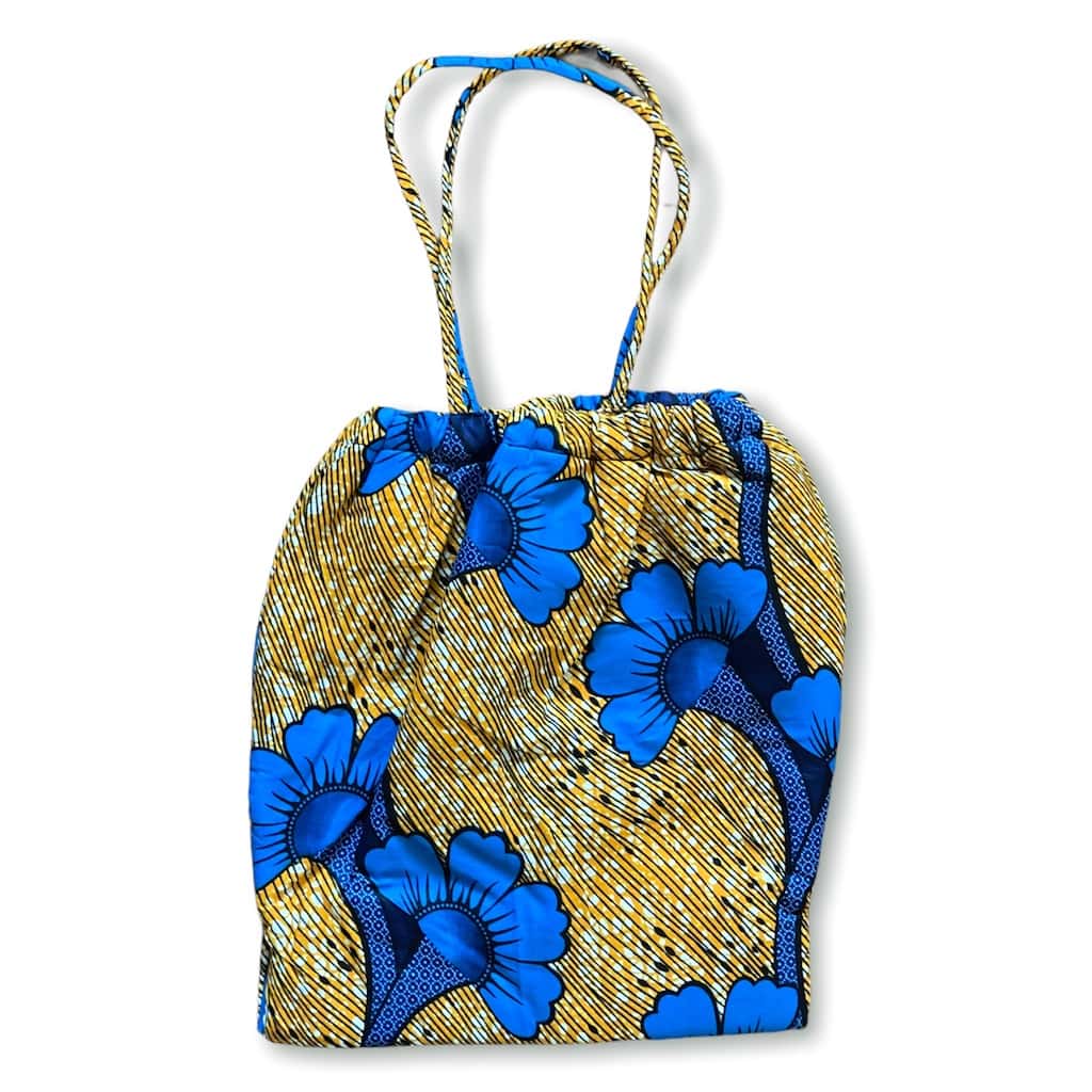 ワックスプリント巾着型バッグ - BLUE FLOWER - Borderless Creations