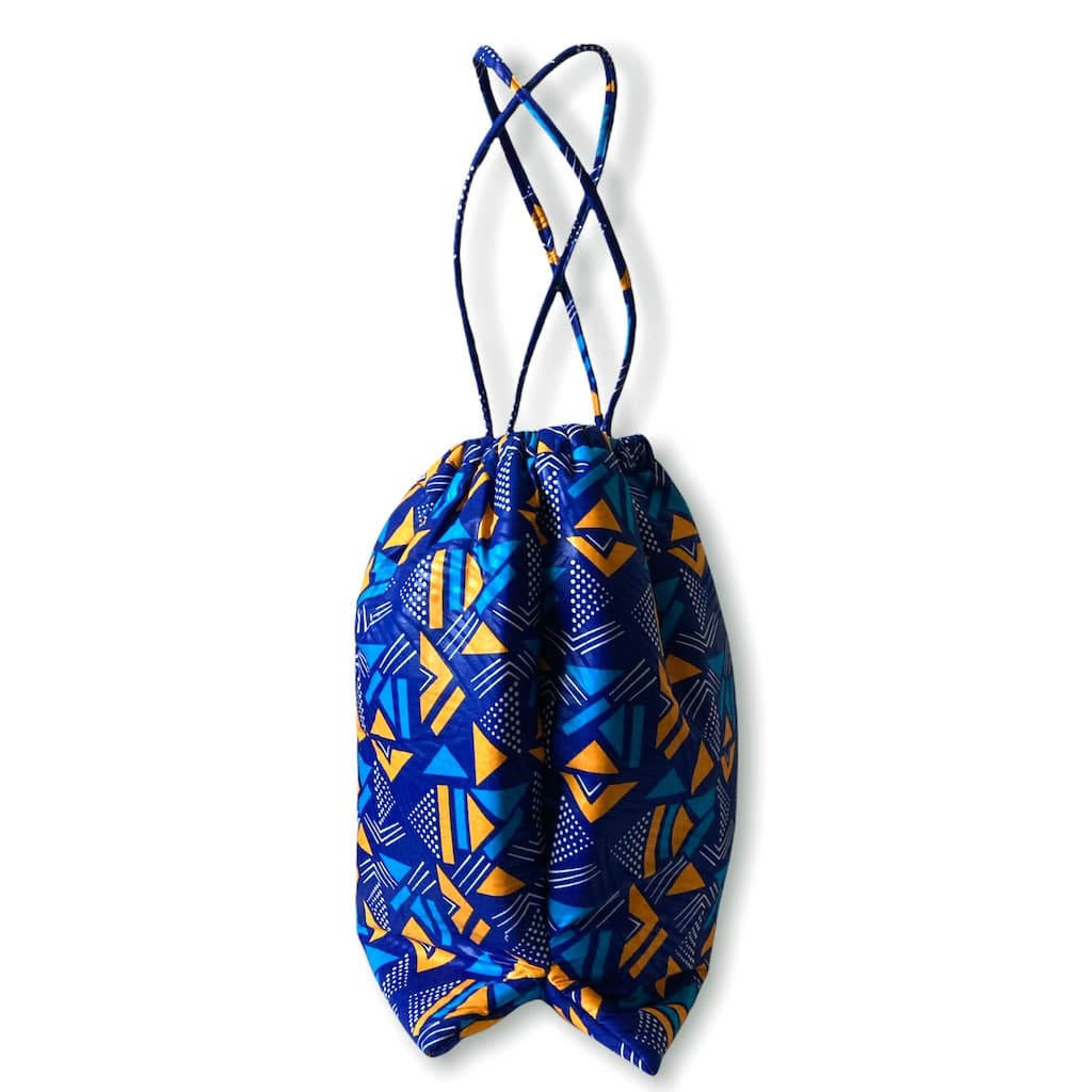 ワックスプリント巾着型バッグ - BLUE/YELLOW GEOMETRIC - Borderless Creations